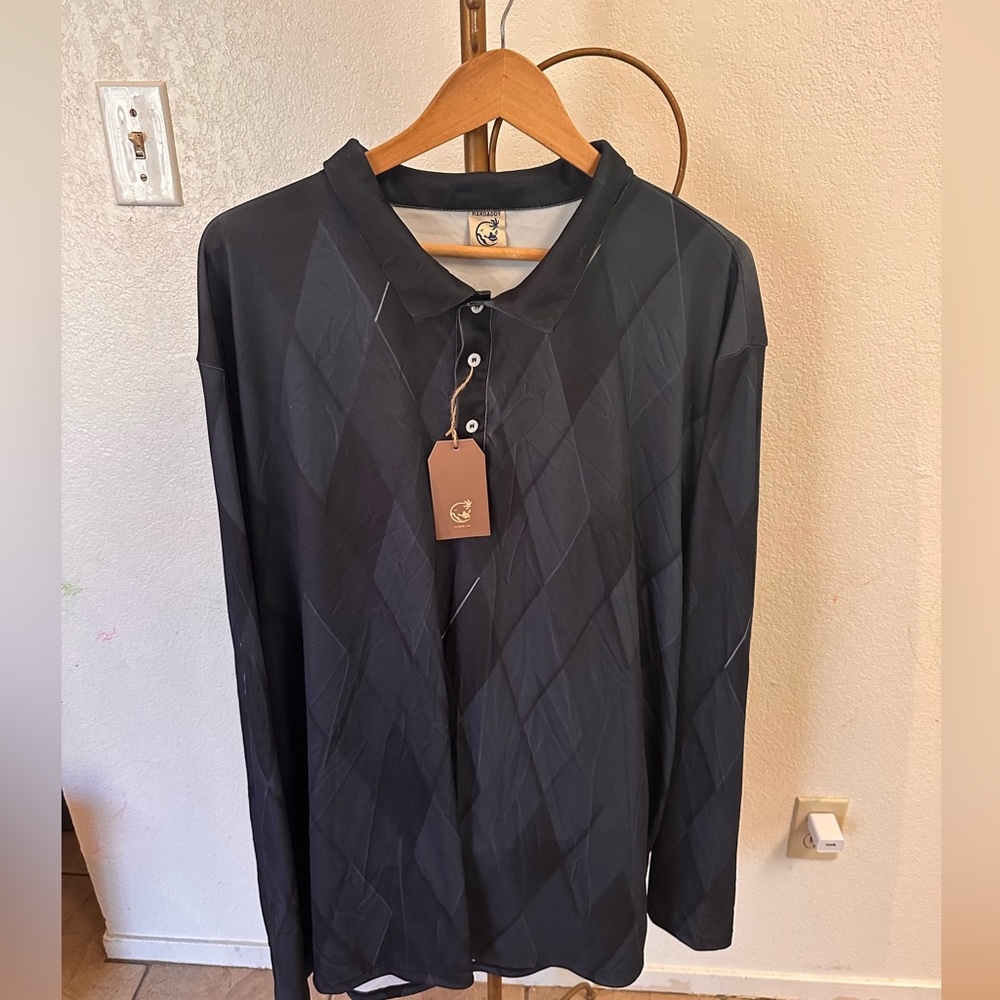 HARDADDY Men’s Big and Tall Long Sleeve Button Polo Shirt Argyle Pattern Black - Picture 3 of 6